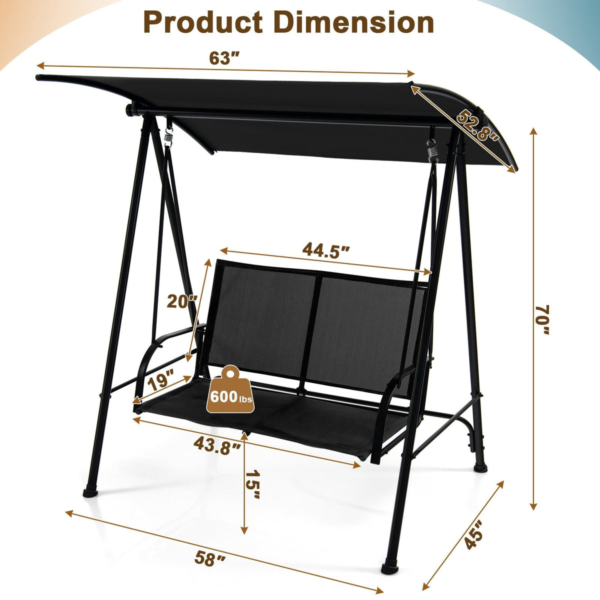2-Sitzer Outdoor-Hollywoodschaukel mit bequemem Stoffsitz und robustem Metallrahmen - Schwarz
