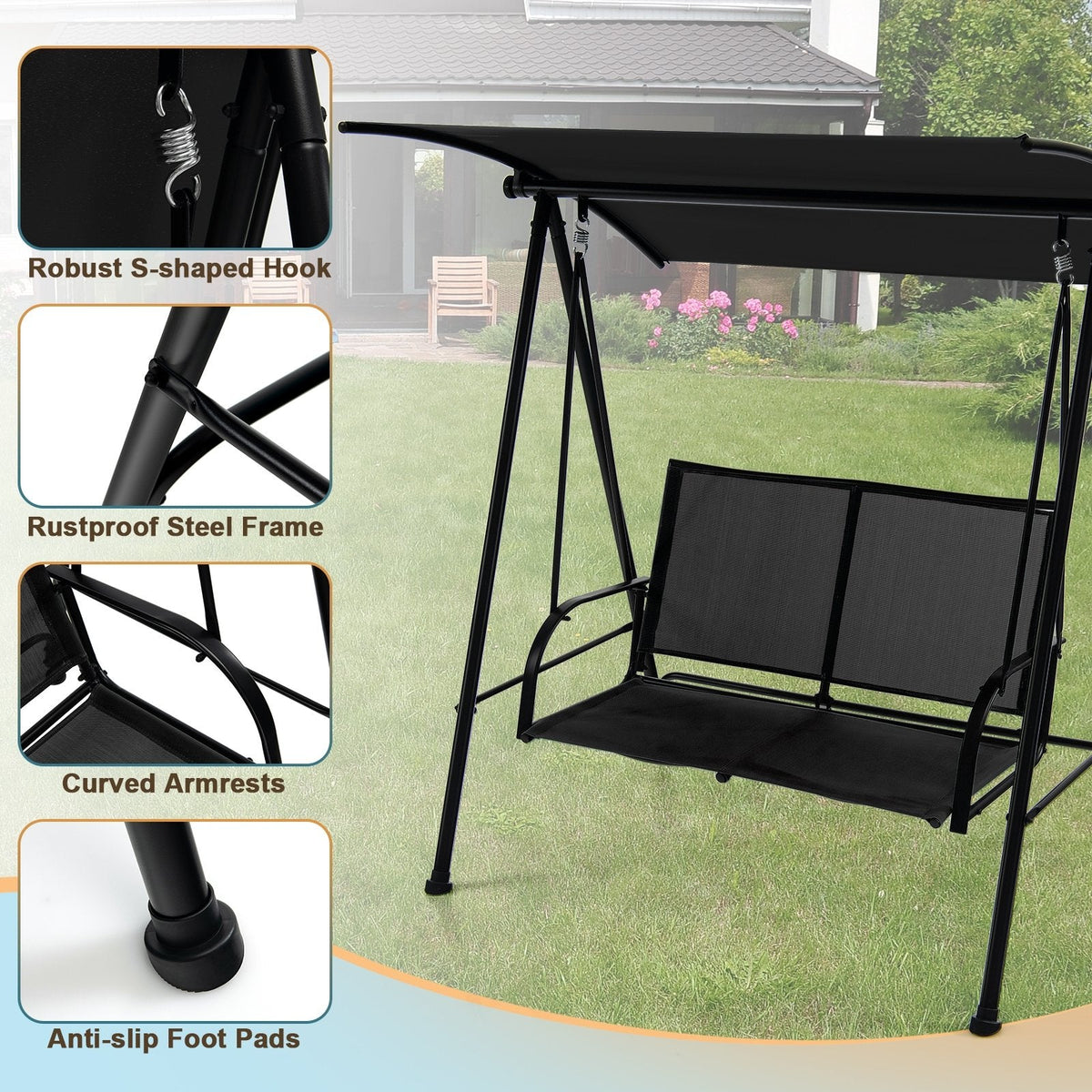 2-Sitzer Outdoor-Hollywoodschaukel mit bequemem Stoffsitz und robustem Metallrahmen - Schwarz