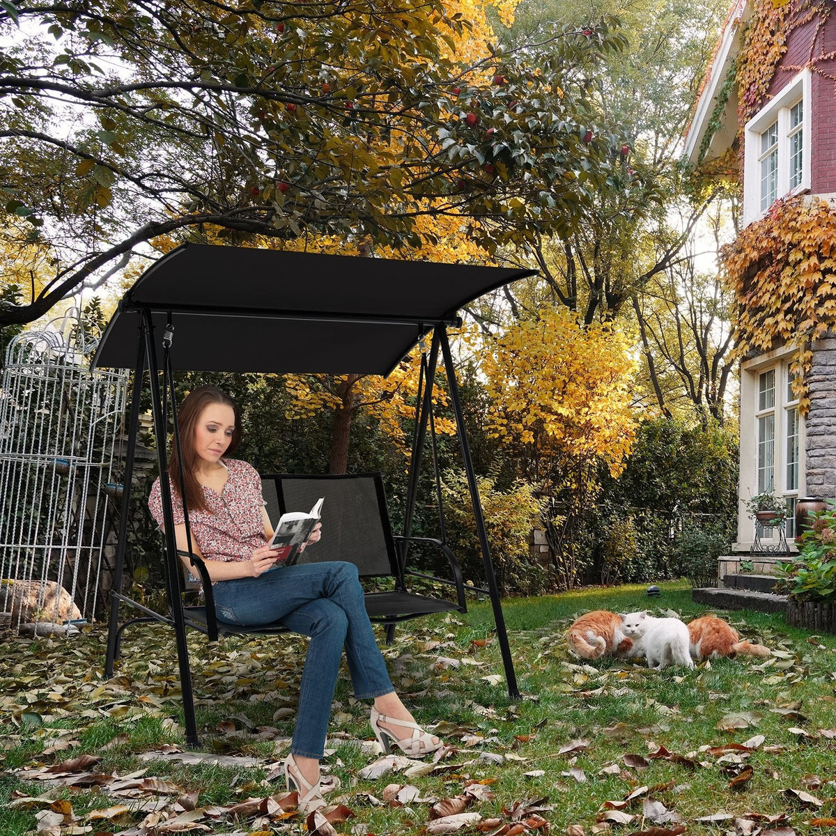 2-Sitzer Outdoor-Hollywoodschaukel mit bequemem Stoffsitz und robustem Metallrahmen - Schwarz