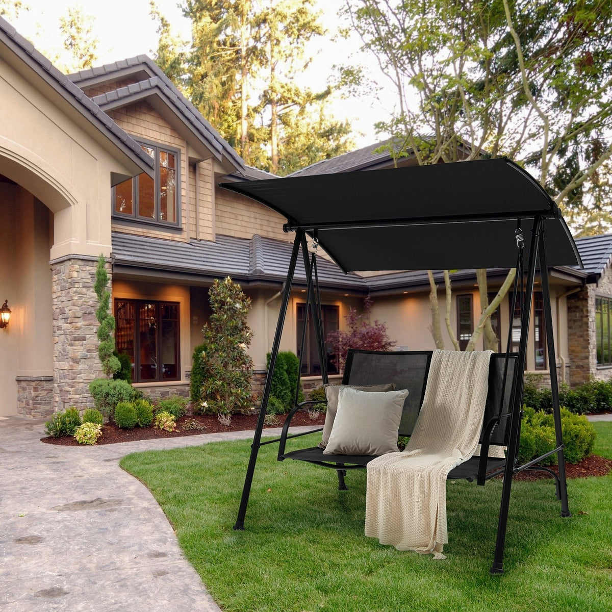 2-Sitzer Outdoor-Hollywoodschaukel mit bequemem Stoffsitz und robustem Metallrahmen - Schwarz