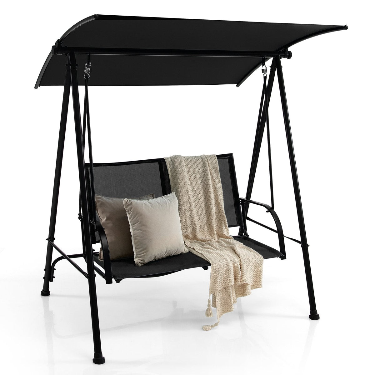 2-Sitzer Outdoor-Hollywoodschaukel mit bequemem Stoffsitz und robustem Metallrahmen - Schwarz