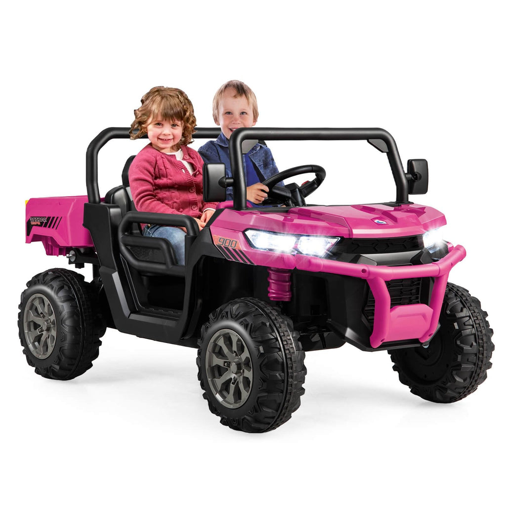 Camión volquete eléctrico infantil biplaza con modo de balanceo, centro multimedia, USB, AUX y caja basculante, 110 lb, rosa