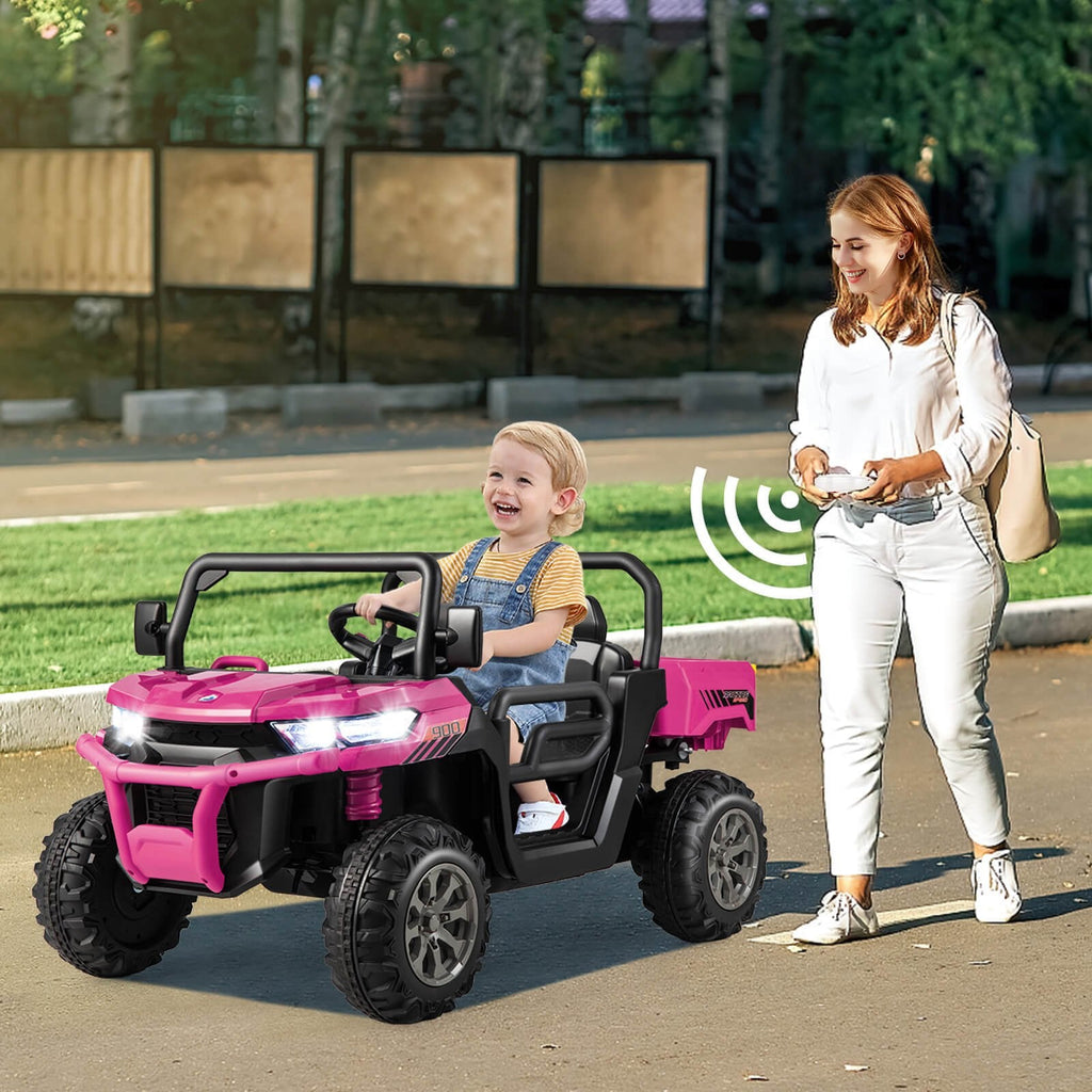 Camión volquete eléctrico infantil biplaza con modo de balanceo, centro multimedia, USB, AUX y caja basculante, 110 lb, rosa