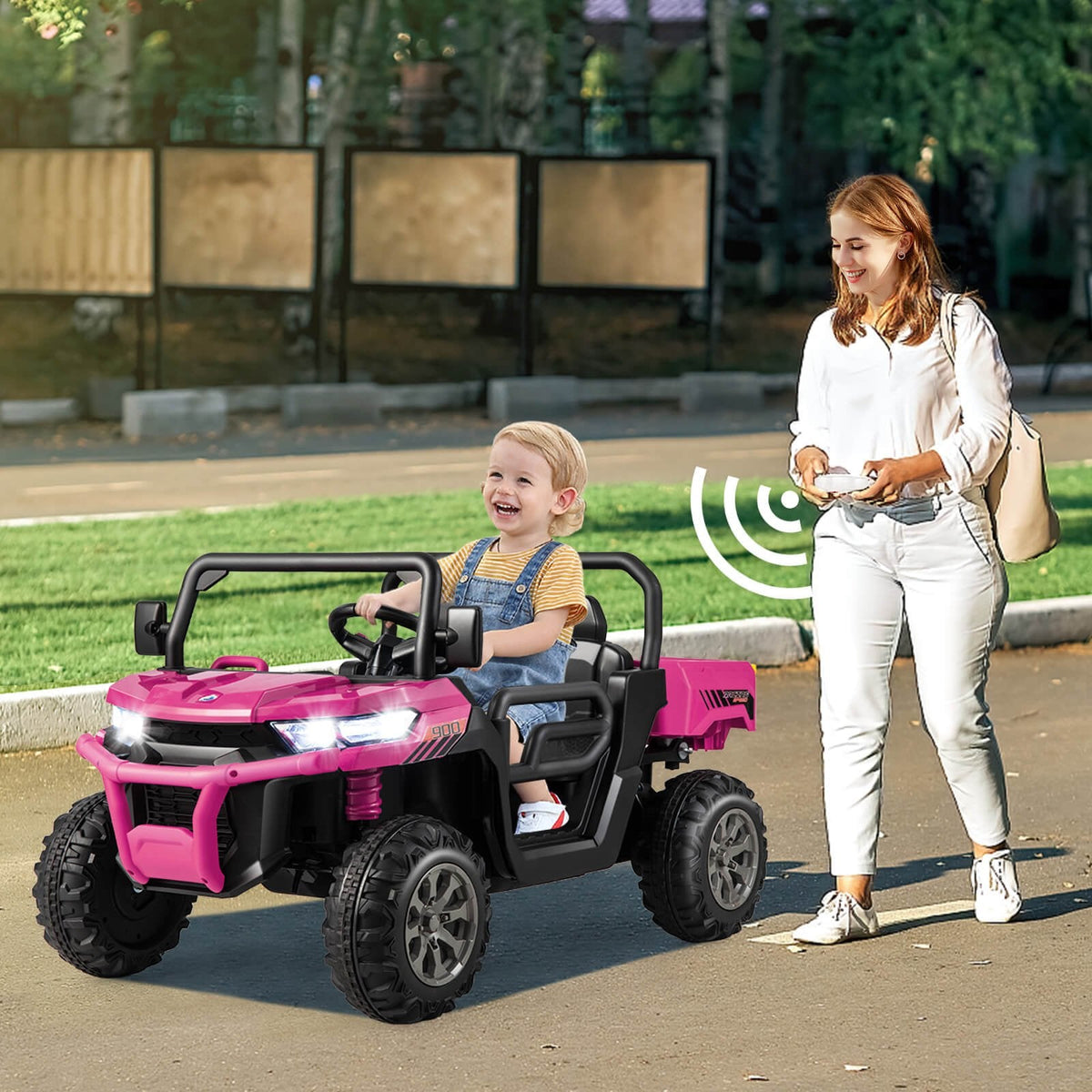 2-Sitzer Kinder-Elektro-Kipper mit Schaukelmodus, Medienzentrum, USB, AUX und kippbarer Ladefläche, 110 lb, Pink