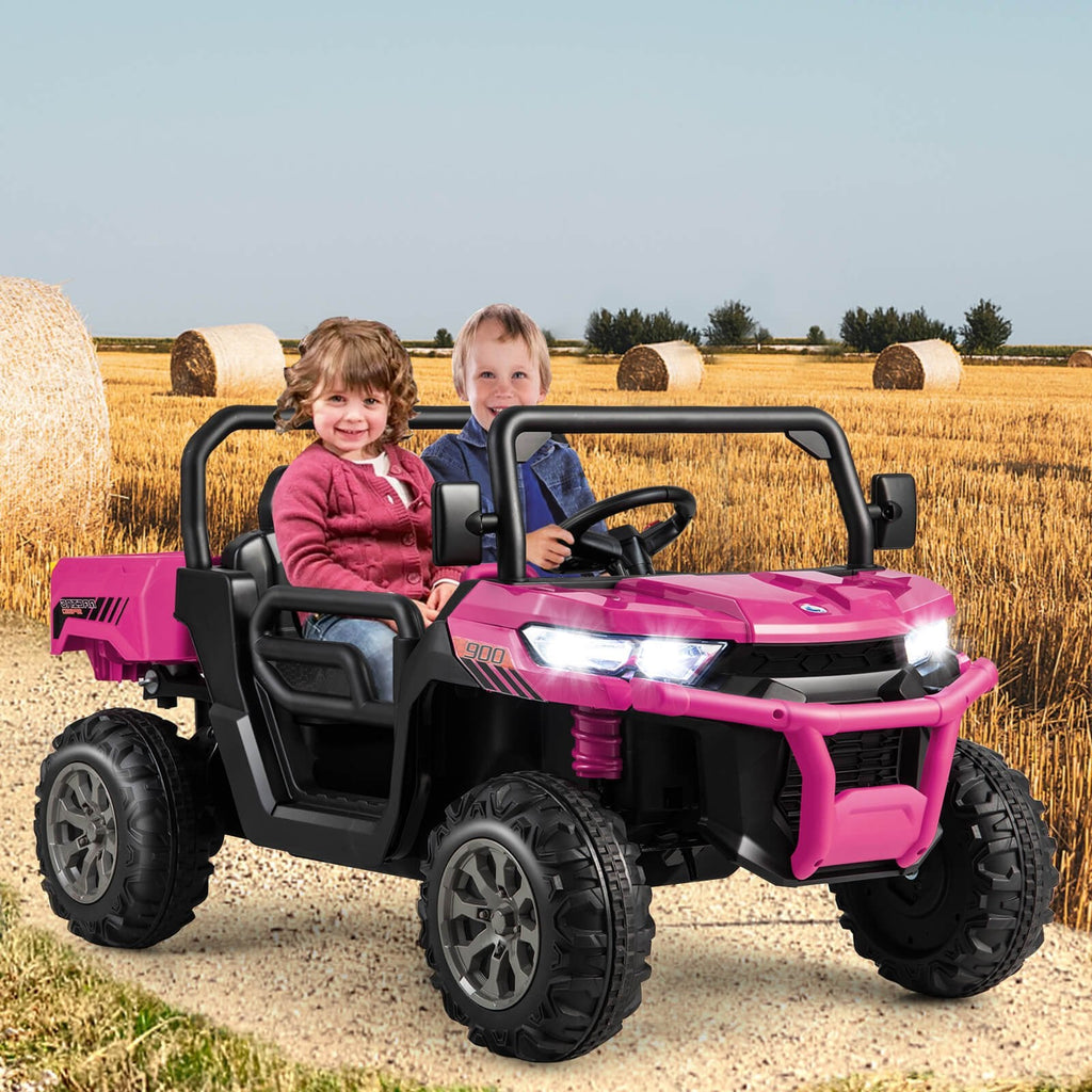 Camión volquete eléctrico infantil biplaza con modo de balanceo, centro multimedia, USB, AUX y caja basculante, 110 lb, rosa