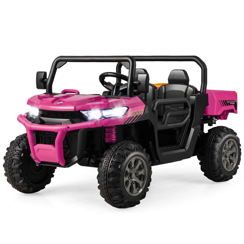 Camión volquete eléctrico infantil biplaza con modo de balanceo, centro multimedia, USB, AUX y caja basculante, 110 lb, rosa