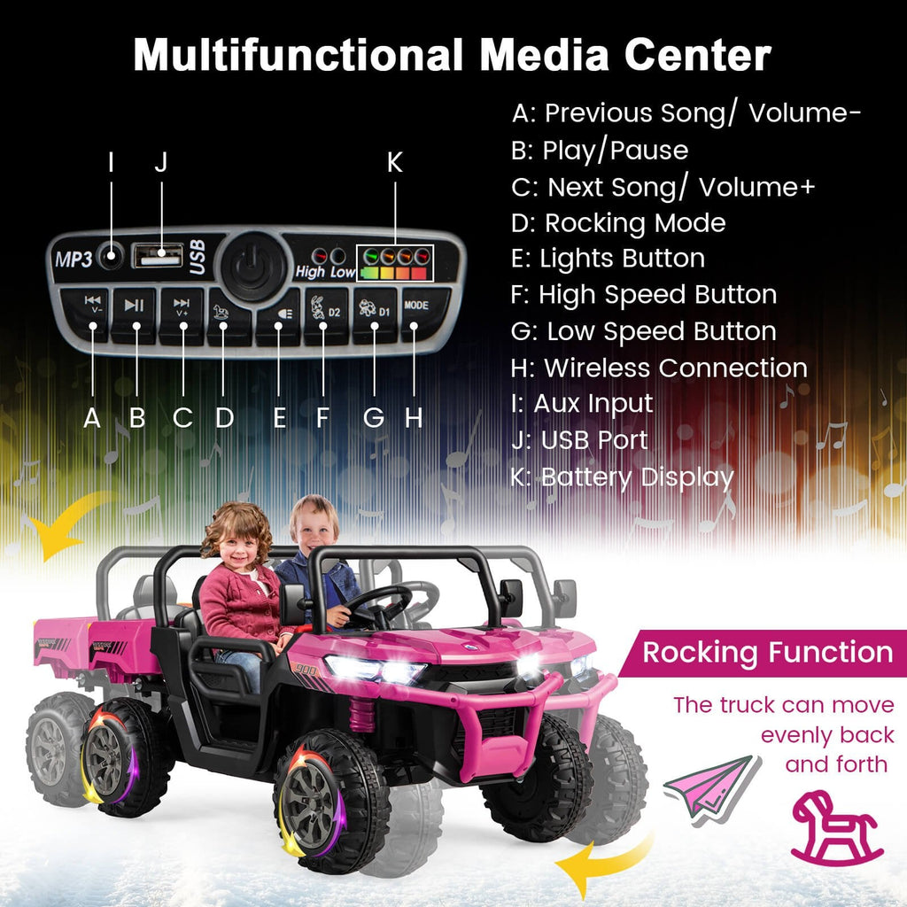 Camión volquete eléctrico infantil biplaza con modo de balanceo, centro multimedia, USB, AUX y caja basculante, 110 lb, rosa
