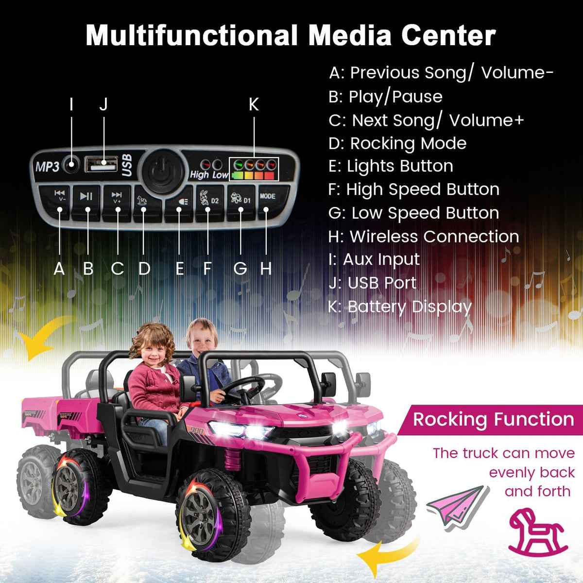 Camión volquete eléctrico infantil biplaza con modo de balanceo, centro multimedia, USB, AUX y caja basculante, 110 lb, rosa