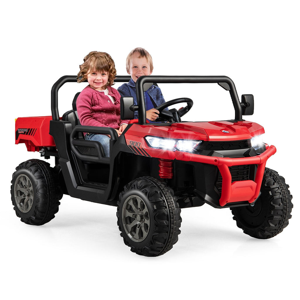 Camión volquete eléctrico infantil biplaza con arranque suave, caja basculante, pala y puertas abatibles, 110 lb, rojo