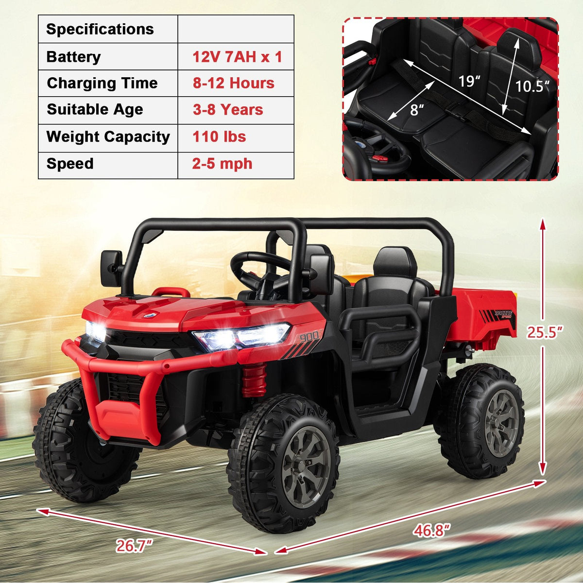 2-Sitzer Kinder-Rutschauto-Kipplaster mit Sanftanlauf, kippbarer Ladefläche, Schaufel und zu öffnenden Türen, 50 kg, Rot