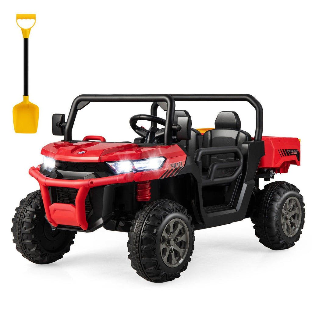 Camión volquete eléctrico infantil biplaza con arranque suave, caja basculante, pala y puertas abatibles, 110 lb, rojo