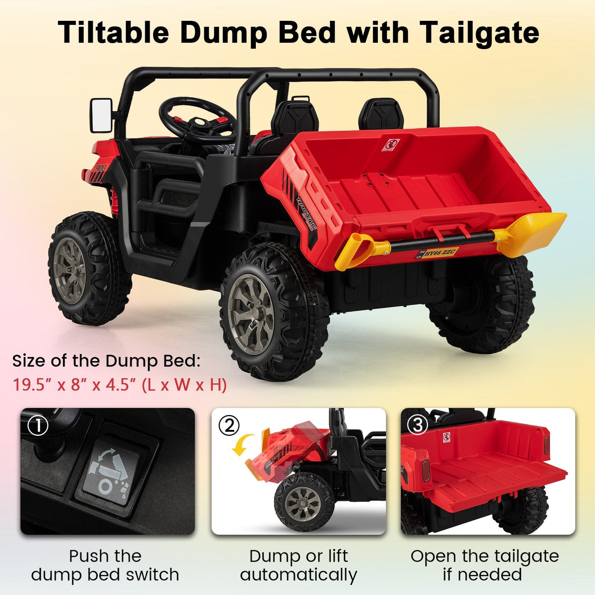 Camión volquete eléctrico infantil biplaza con arranque suave, caja basculante, pala y puertas abatibles, 110 lb, rojo