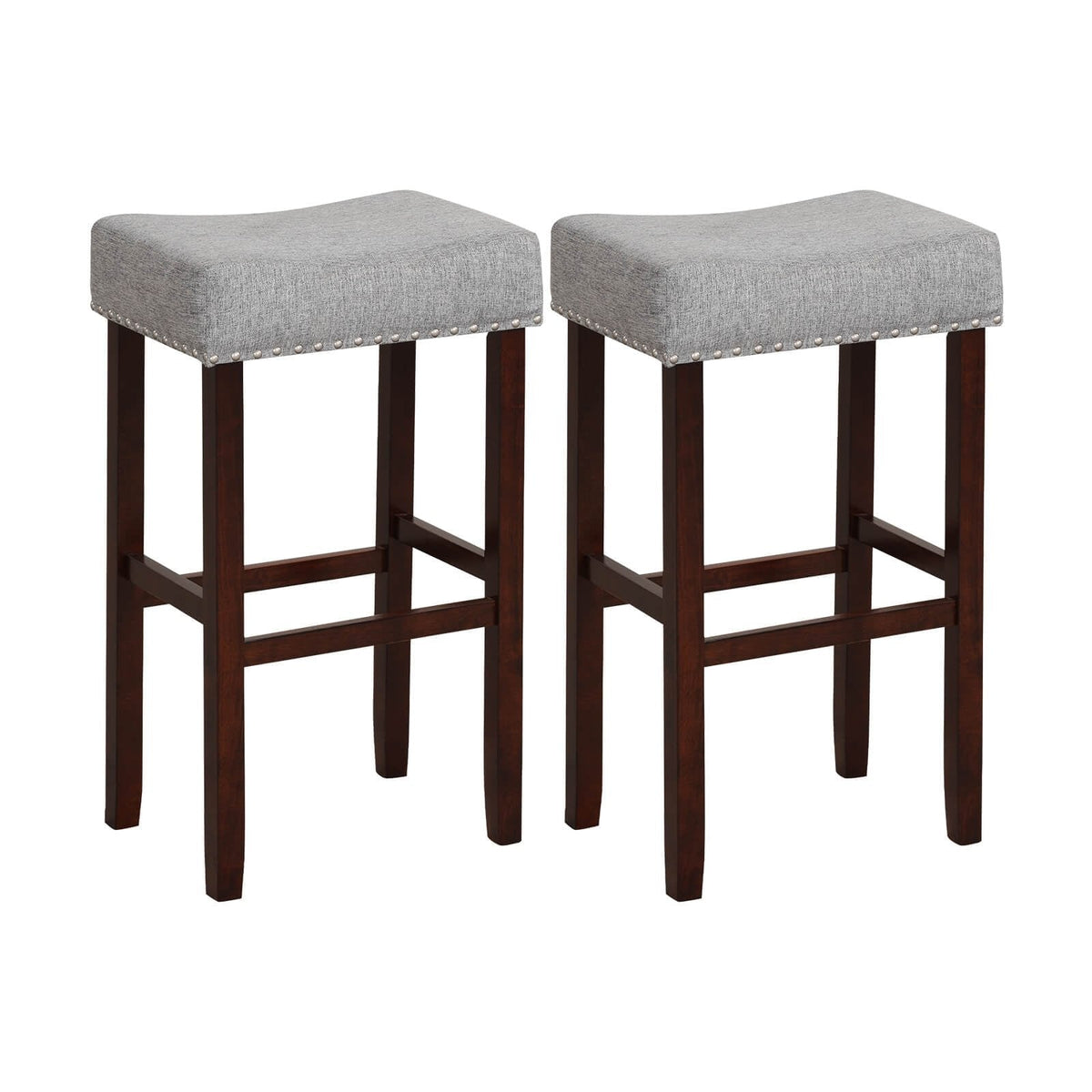 Lot de 2 tabourets de bar selle sans dossier en lin gris avec clous décoratifs, hauteur d’assise de 29,5 pouces