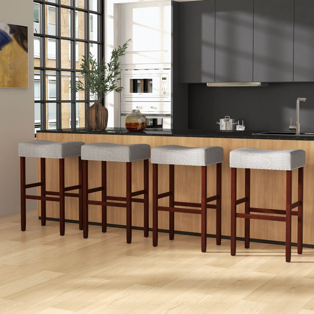 Lot de 2 tabourets de bar selle sans dossier en lin gris avec clous décoratifs, hauteur d’assise de 29,5 pouces