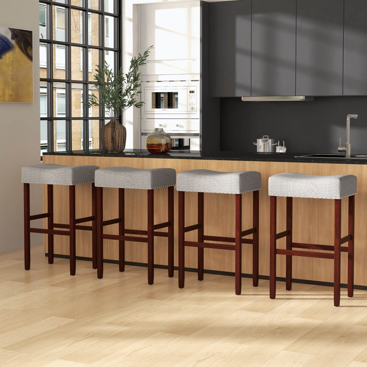 Lot de 2 tabourets de bar selle sans dossier en lin gris avec clous décoratifs, hauteur d’assise de 29,5 pouces