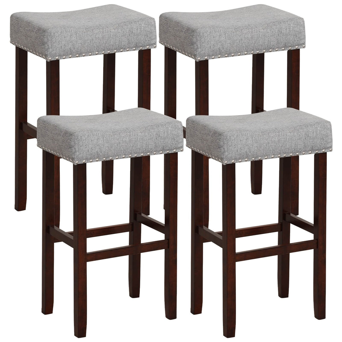 Lot de 2 tabourets de bar selle sans dossier en lin gris avec clous décoratifs, hauteur d’assise de 29,5 pouces
