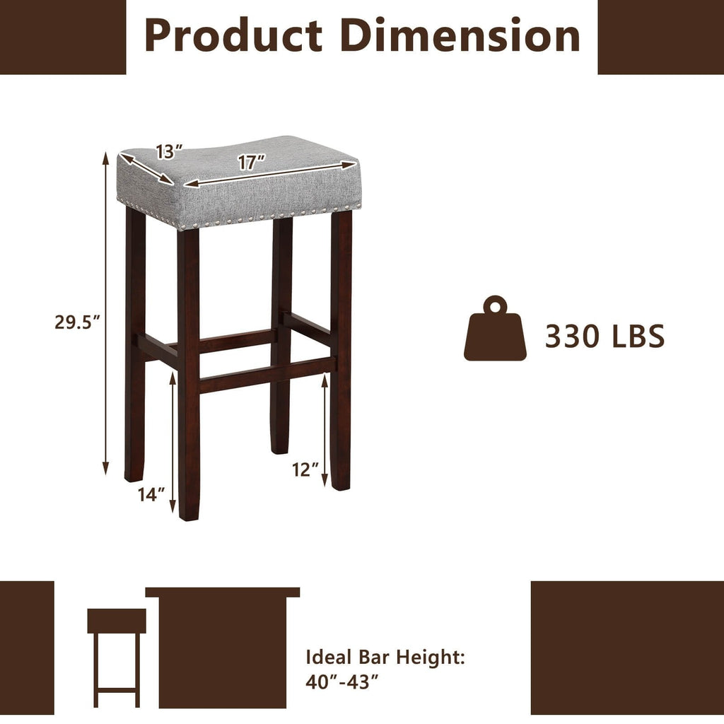 Lot de 2 tabourets de bar selle sans dossier en lin gris avec clous décoratifs, hauteur d’assise de 29,5 pouces