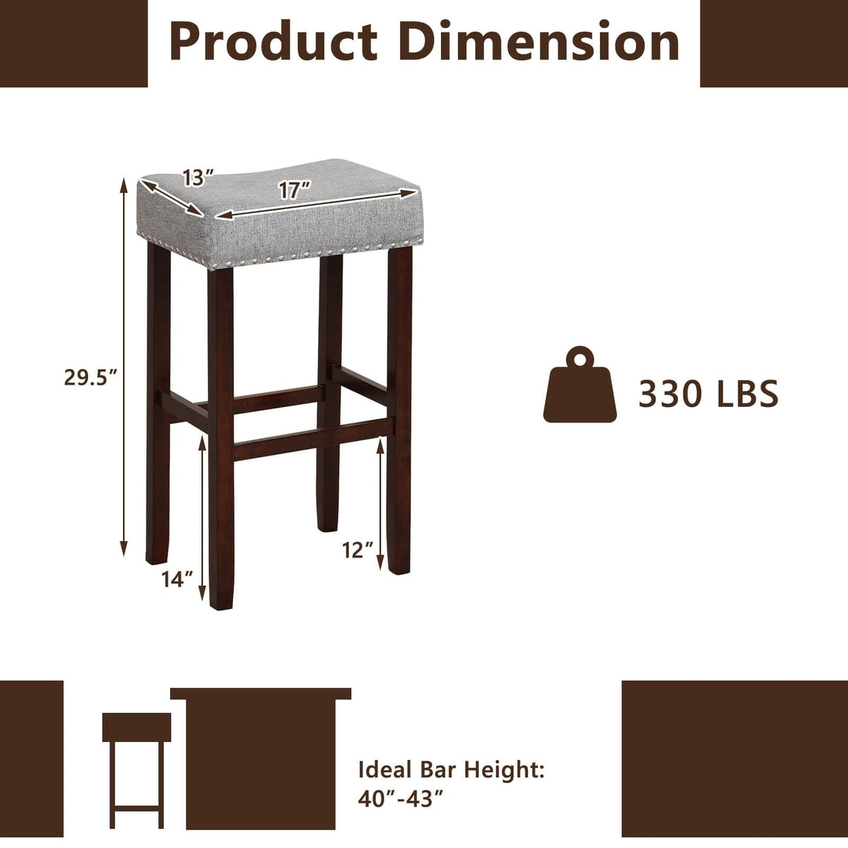 Lot de 2 tabourets de bar selle sans dossier en lin gris avec clous décoratifs, hauteur d’assise de 29,5 pouces