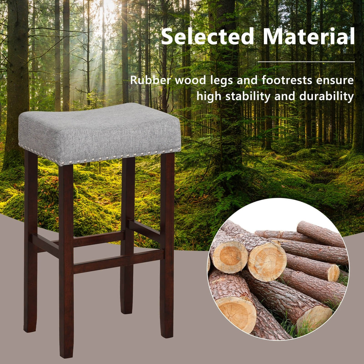 Lot de 2 tabourets de bar selle sans dossier en lin gris avec clous décoratifs, hauteur d’assise de 29,5 pouces