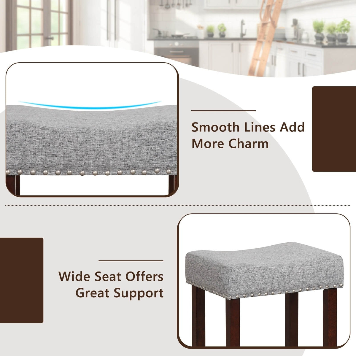 Lot de 2 tabourets de bar selle sans dossier en lin gris avec clous décoratifs, hauteur d’assise de 29,5 pouces