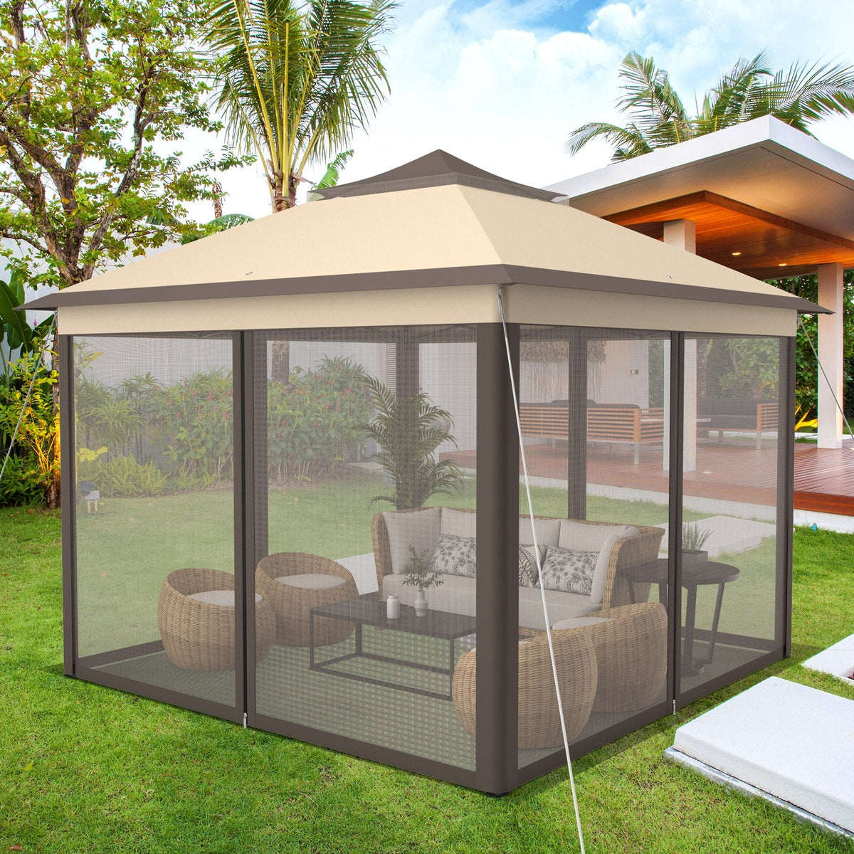 Tonnelle escamotable 2 étages 3,3 x 3,3 m, abri portatif, sac de transport, moustiquaire