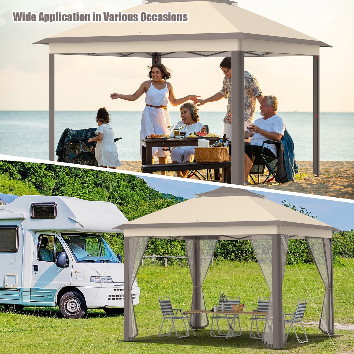 Tonnelle escamotable 2 étages 3,3 x 3,3 m, abri portatif, sac de transport, moustiquaire