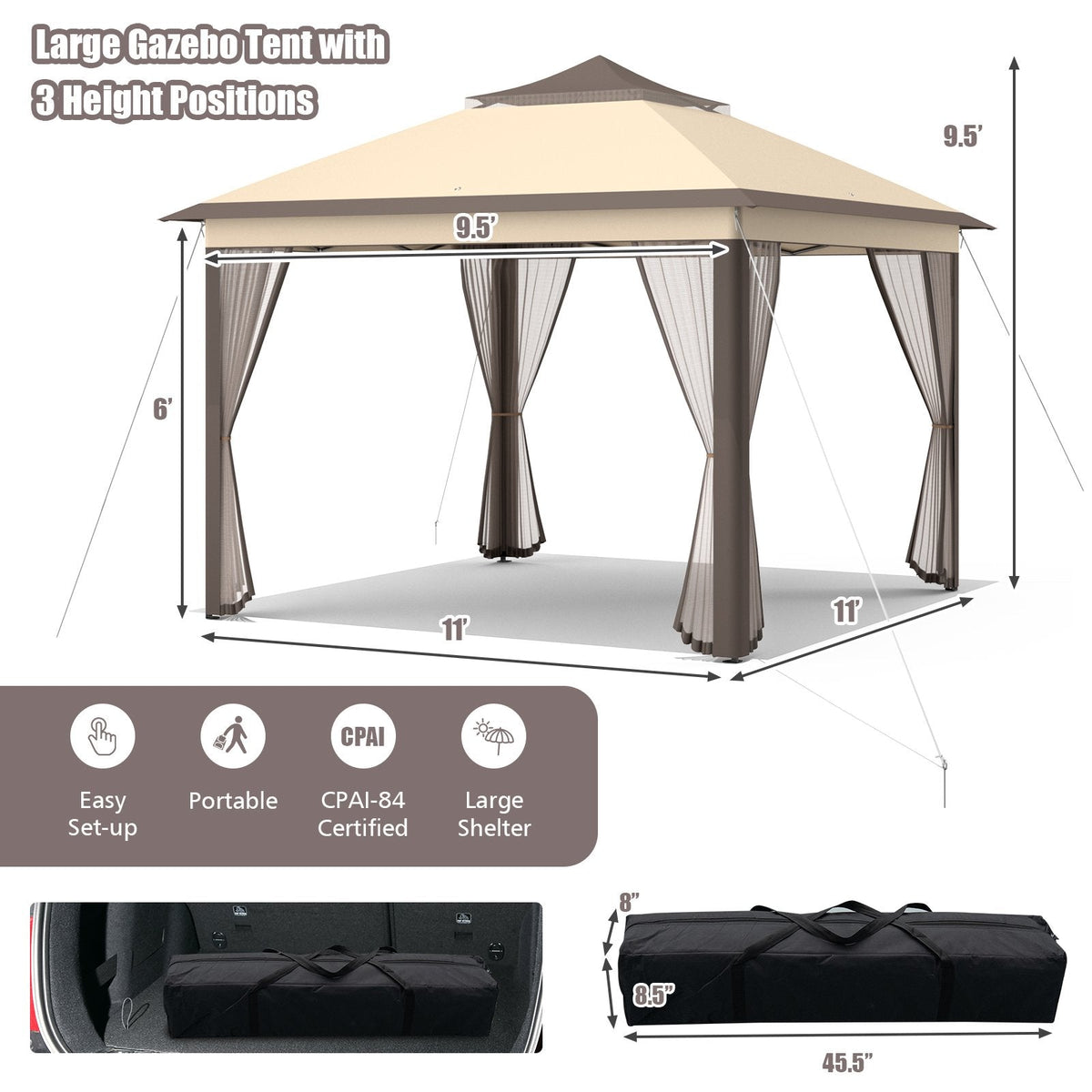Tonnelle escamotable 2 étages 3,3 x 3,3 m, abri portatif, sac de transport, moustiquaire