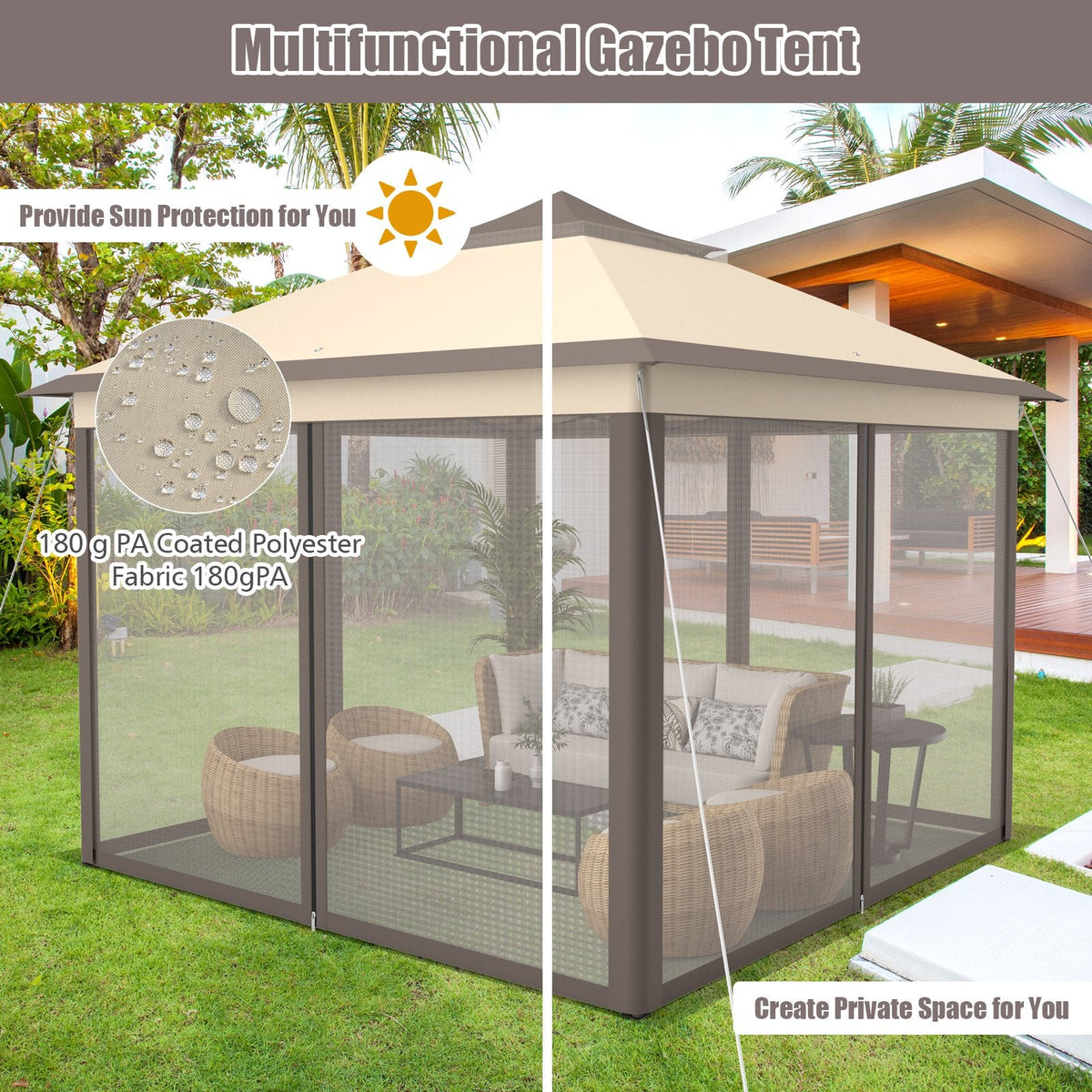 Tonnelle escamotable 2 étages 3,3 x 3,3 m, abri portatif, sac de transport, moustiquaire