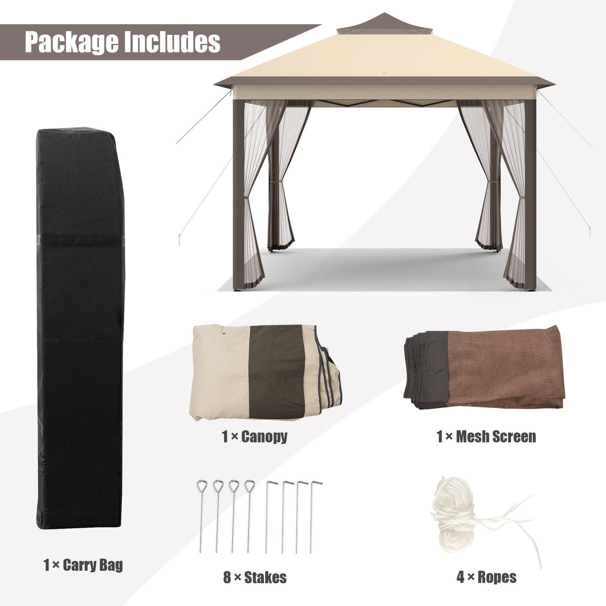Tonnelle escamotable 2 étages 3,3 x 3,3 m, abri portatif, sac de transport, moustiquaire