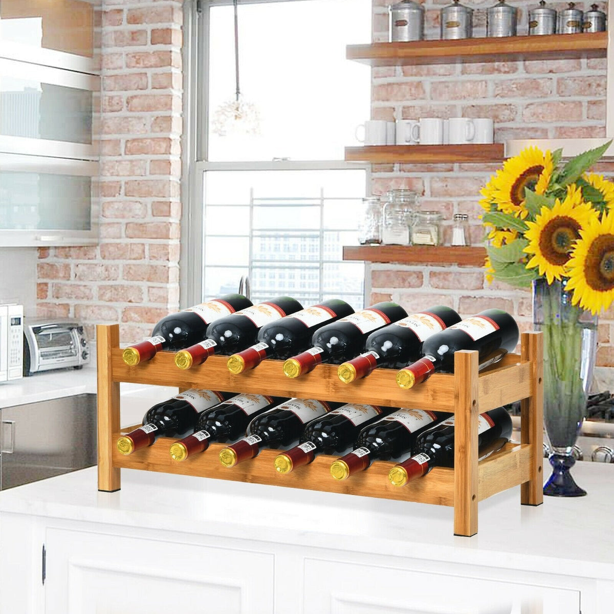 Étagère de rangement en bambou à 2 niveaux pour 12 bouteilles, casier à vin – Naturel