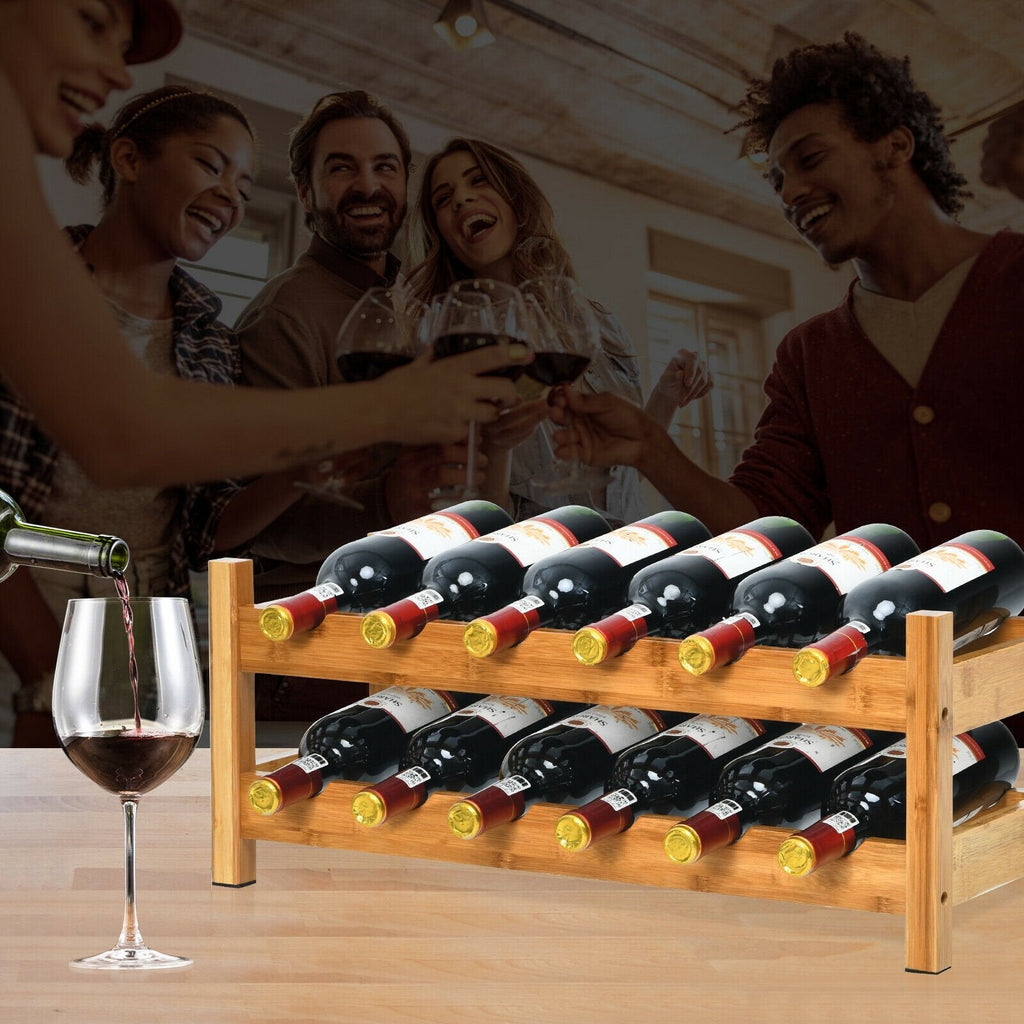 Étagère de rangement en bambou à 2 niveaux pour 12 bouteilles, casier à vin – Naturel