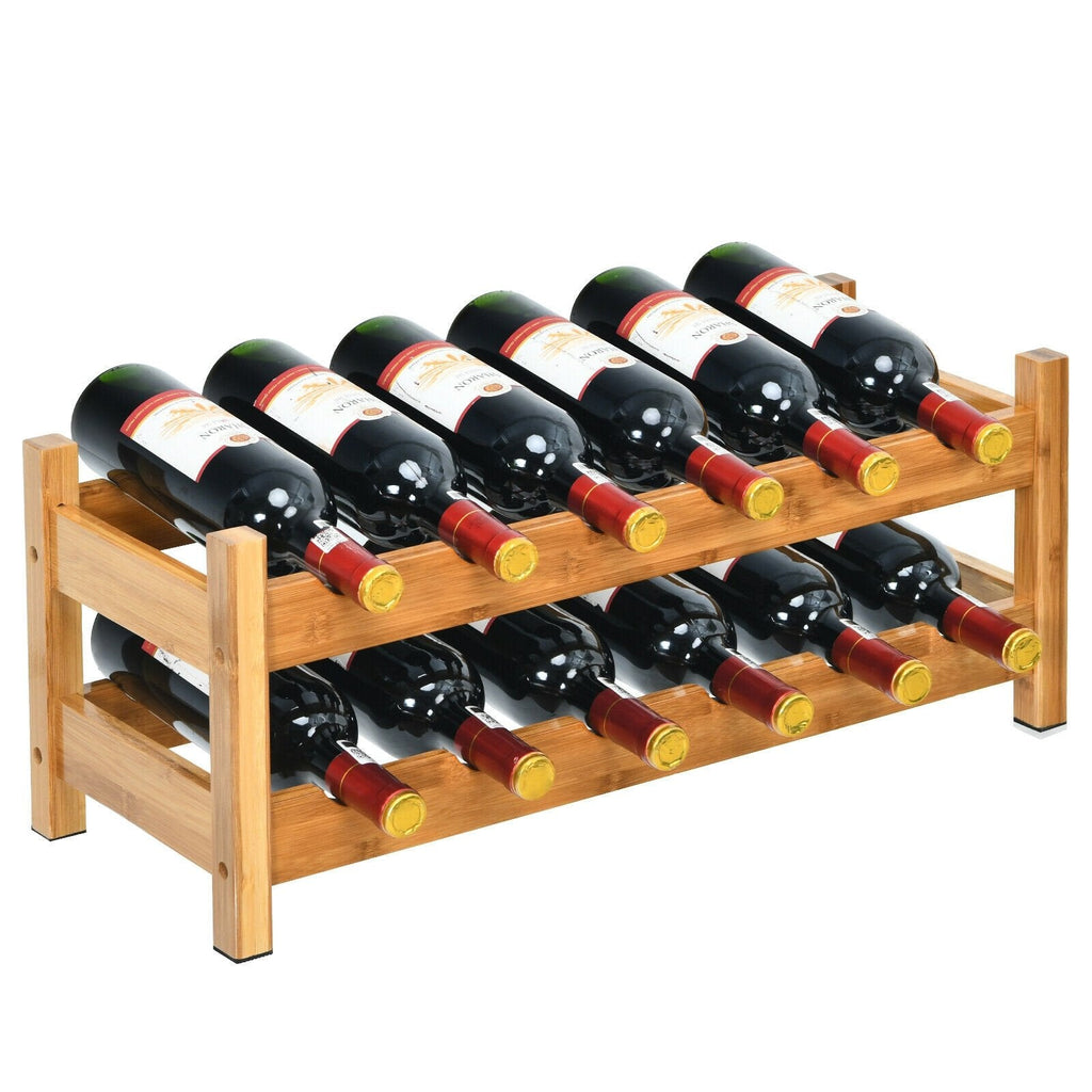 Étagère de rangement en bambou à 2 niveaux pour 12 bouteilles, casier à vin – Naturel