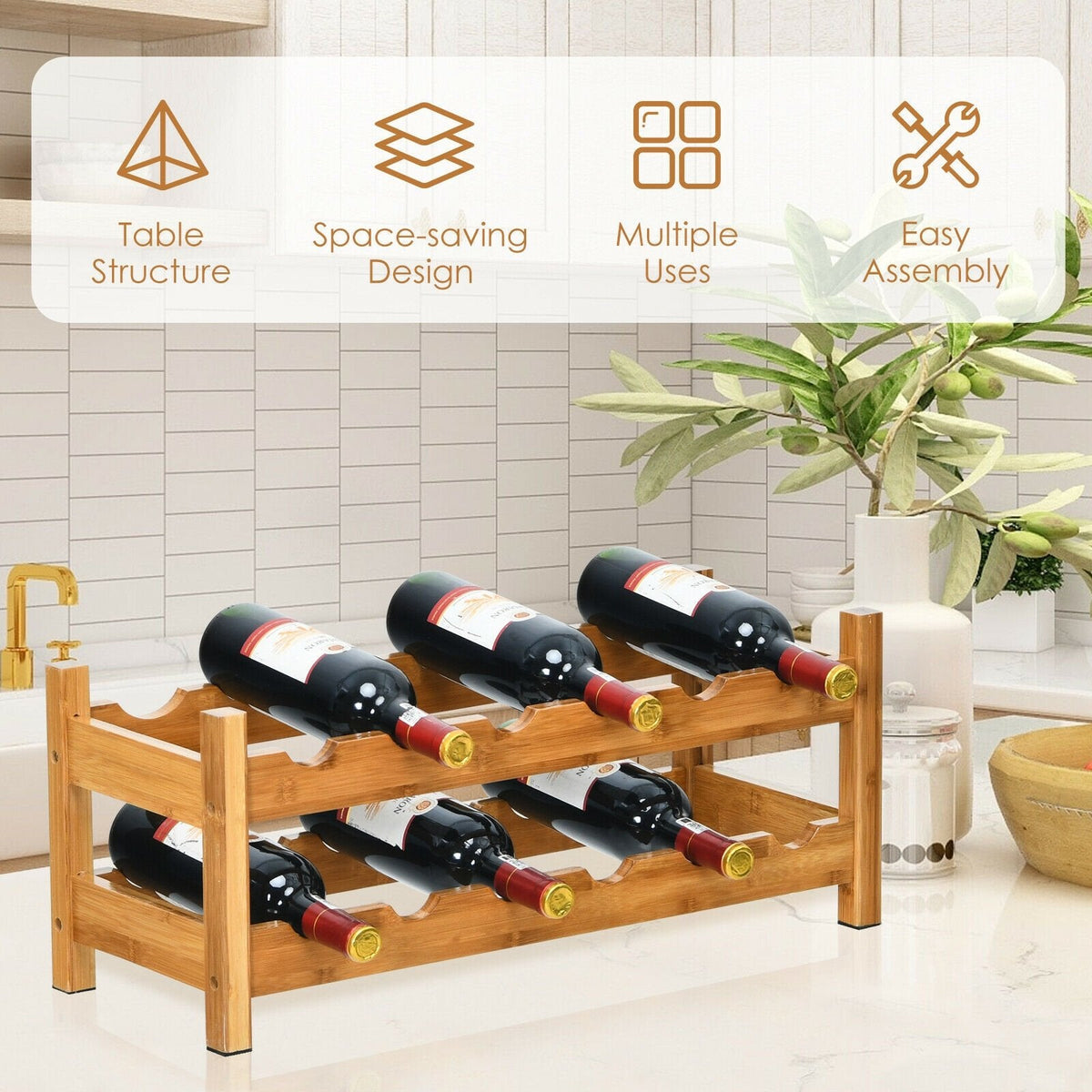 Étagère de rangement en bambou à 2 niveaux pour 12 bouteilles, casier à vin – Naturel