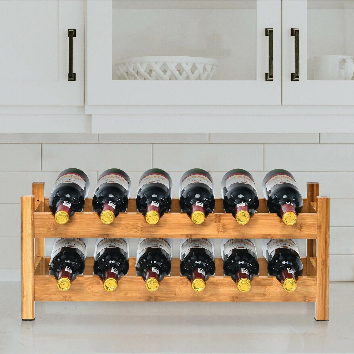 Étagère de rangement en bambou à 2 niveaux pour 12 bouteilles, casier à vin – Naturel