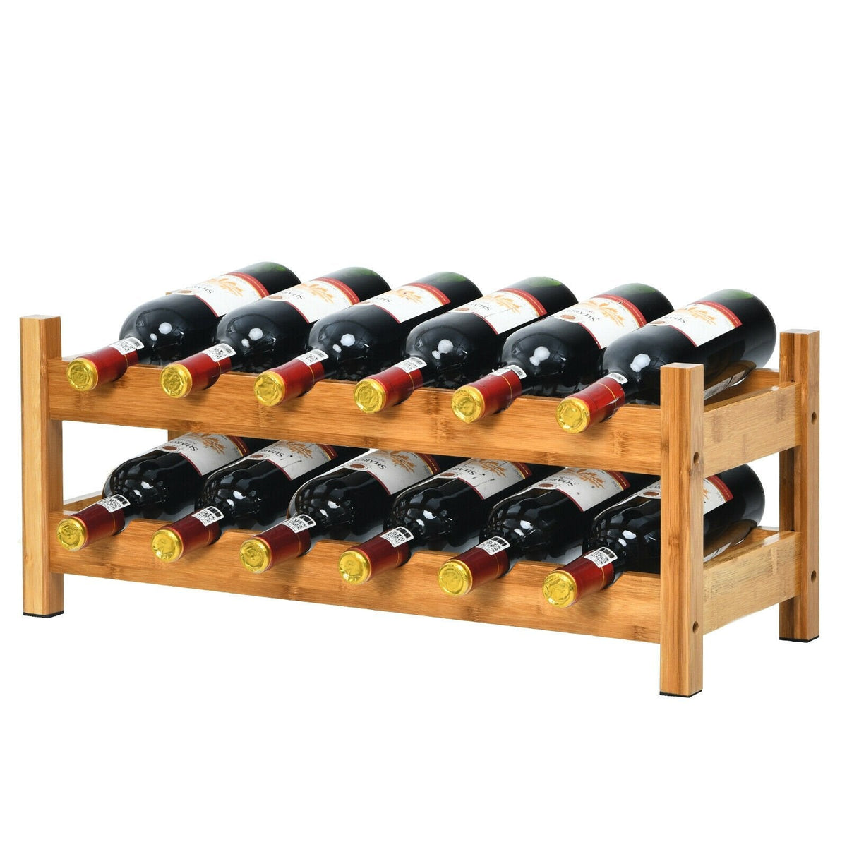 Étagère de rangement en bambou à 2 niveaux pour 12 bouteilles, casier à vin – Naturel