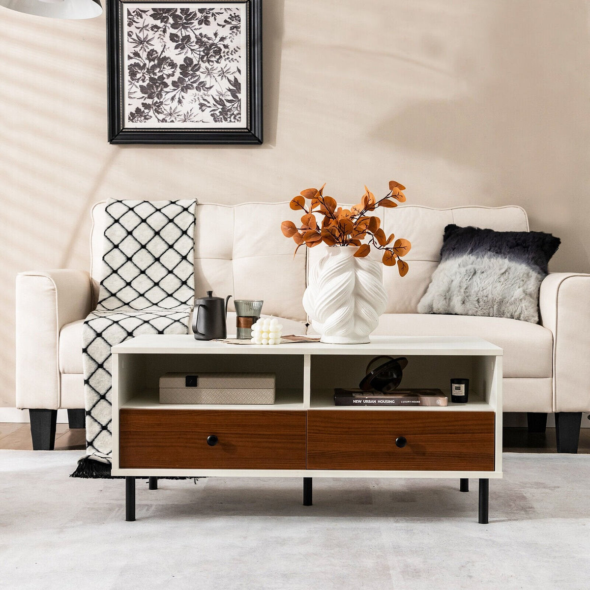 Mesa de centro rectangular de 40 pulgadas con 2 cajones y estantes de almacenamiento abiertos, blanca