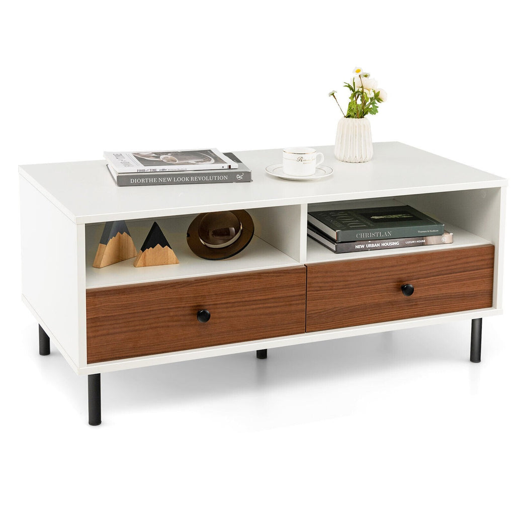 Mesa de centro rectangular de 40 pulgadas con 2 cajones y estantes de almacenamiento abiertos, blanca