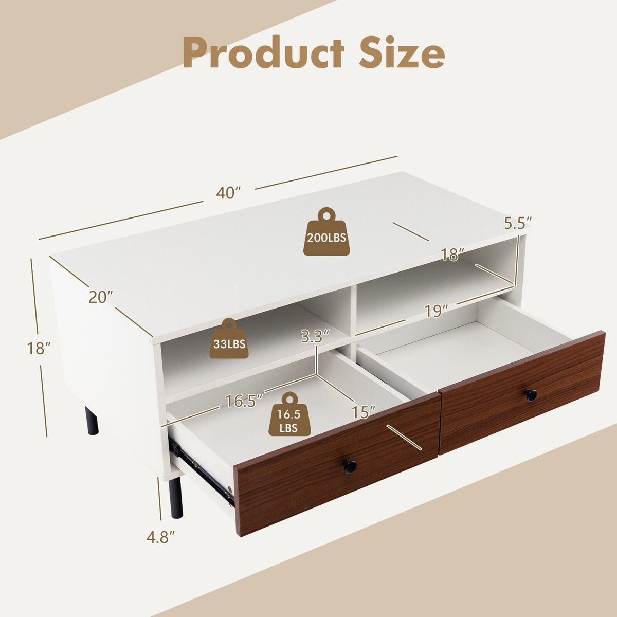 Mesa de centro rectangular de 40 pulgadas con 2 cajones y estantes de almacenamiento abiertos, blanca