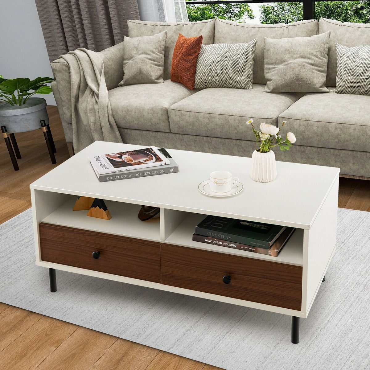 Mesa de centro rectangular de 40 pulgadas con 2 cajones y estantes de almacenamiento abiertos, blanca