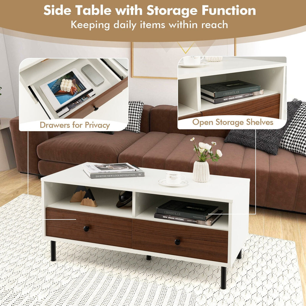 Mesa de centro rectangular de 40 pulgadas con 2 cajones y estantes de almacenamiento abiertos, blanca