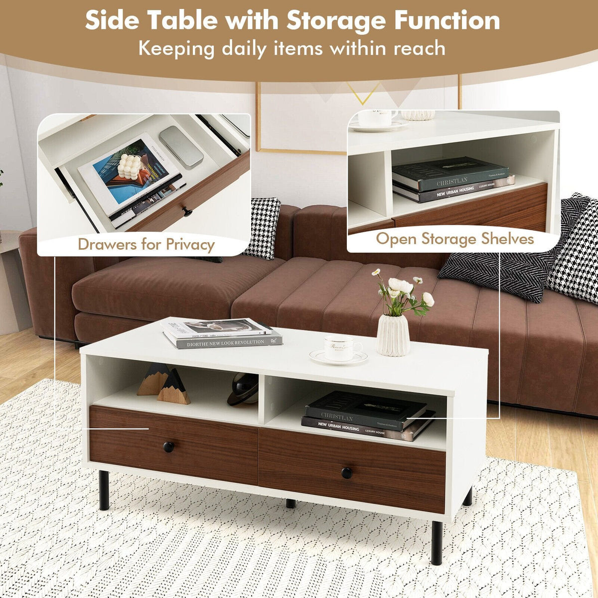 Mesa de centro rectangular de 40 pulgadas con 2 cajones y estantes de almacenamiento abiertos, blanca