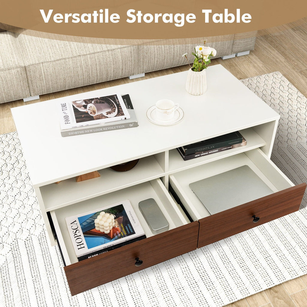 Mesa de centro rectangular de 40 pulgadas con 2 cajones y estantes de almacenamiento abiertos, blanca