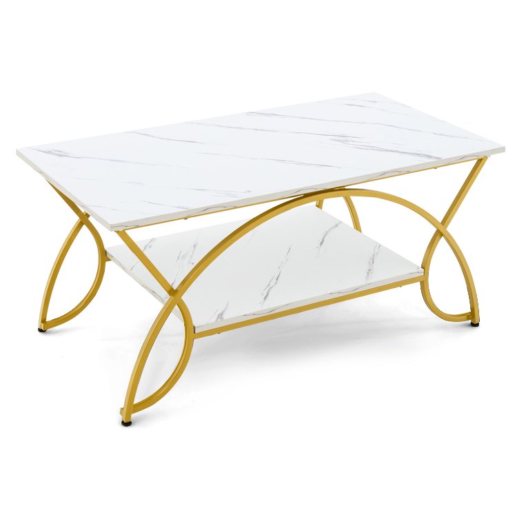 Rechteckiger Couchtisch mit 2 Ebenen, weißer Marmoroptik-Tischplatte mit goldenem, geschwungenem Metallgestell