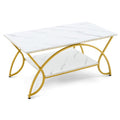 Rechteckiger Couchtisch mit 2 Ebenen, weißer Marmoroptik-Tischplatte mit goldenem, geschwungenem Metallgestell