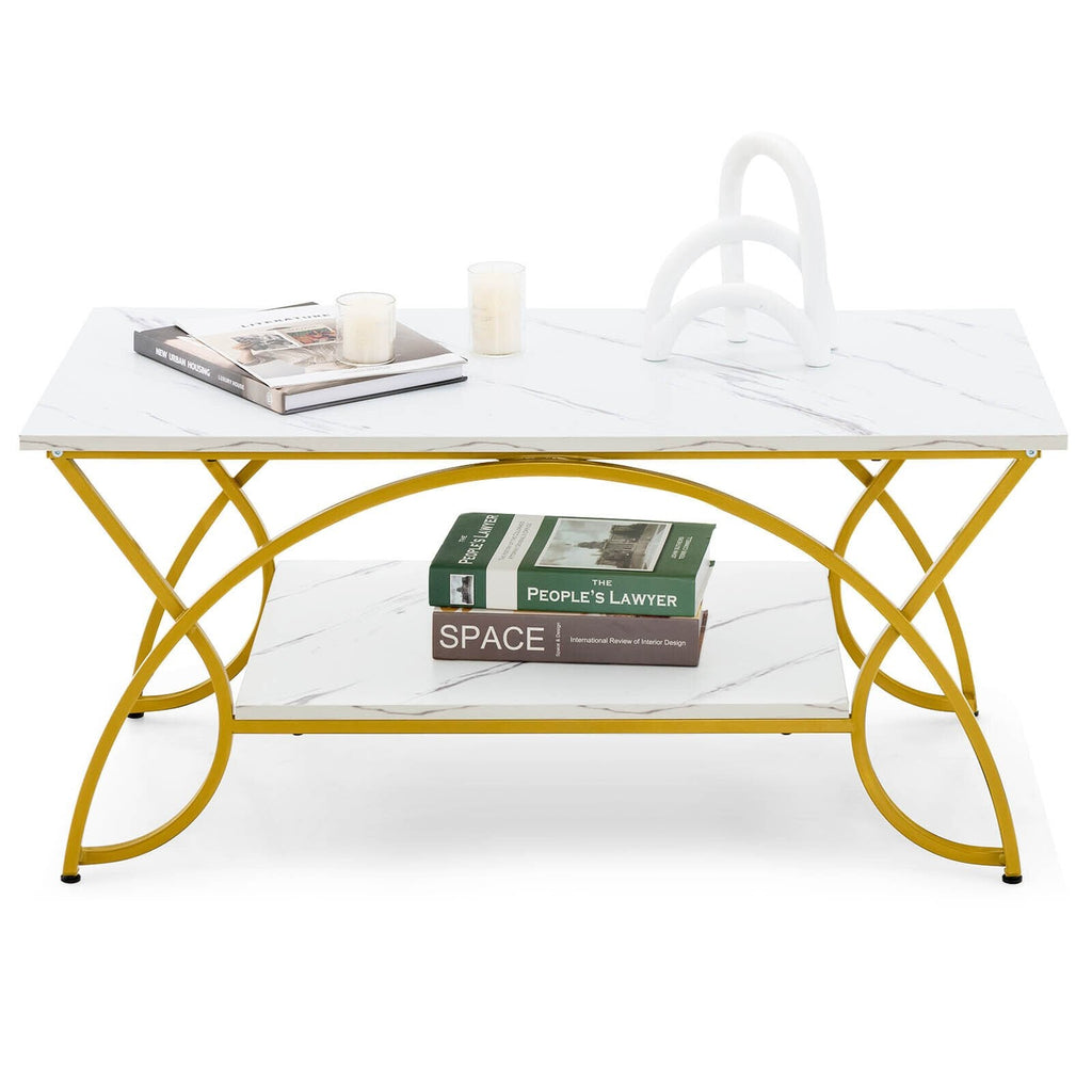 Rechteckiger Couchtisch mit 2 Ebenen, weißer Marmoroptik-Tischplatte mit goldenem, geschwungenem Metallgestell