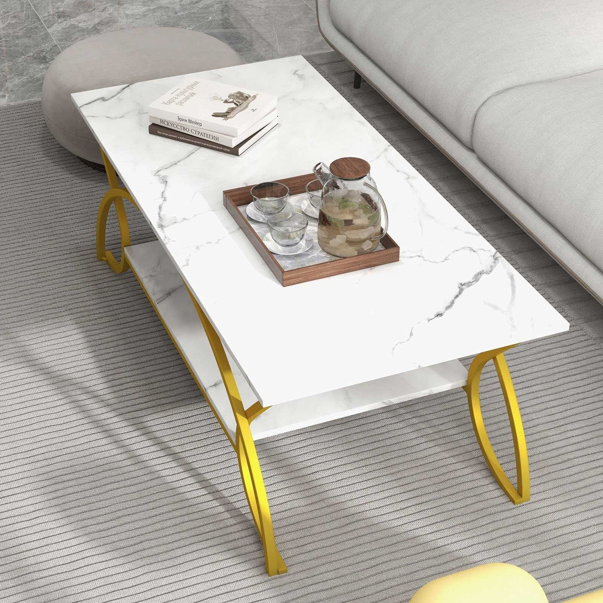Rechteckiger Couchtisch mit 2 Ebenen, weißer Marmoroptik-Tischplatte mit goldenem, geschwungenem Metallgestell