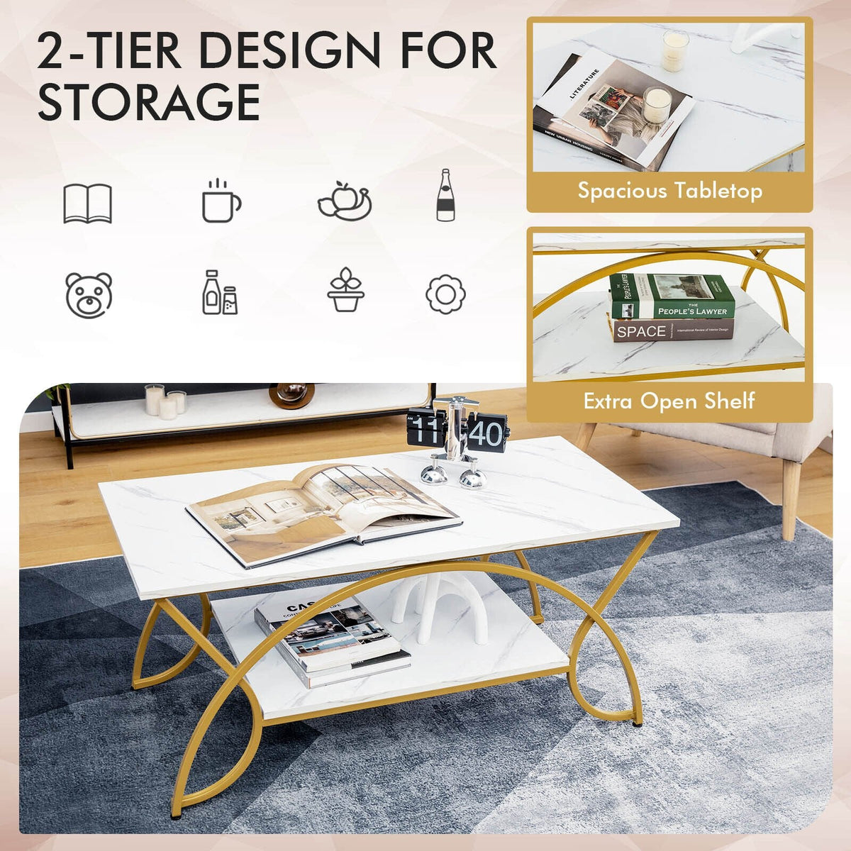 Rechteckiger Couchtisch mit 2 Ebenen, weißer Marmoroptik-Tischplatte mit goldenem, geschwungenem Metallgestell