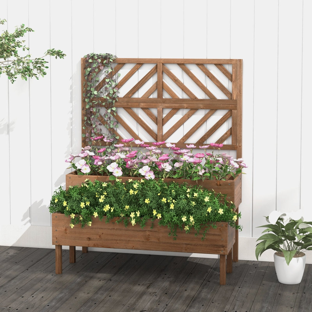 Jardinera elevada de 2 niveles con enrejado - Marrón