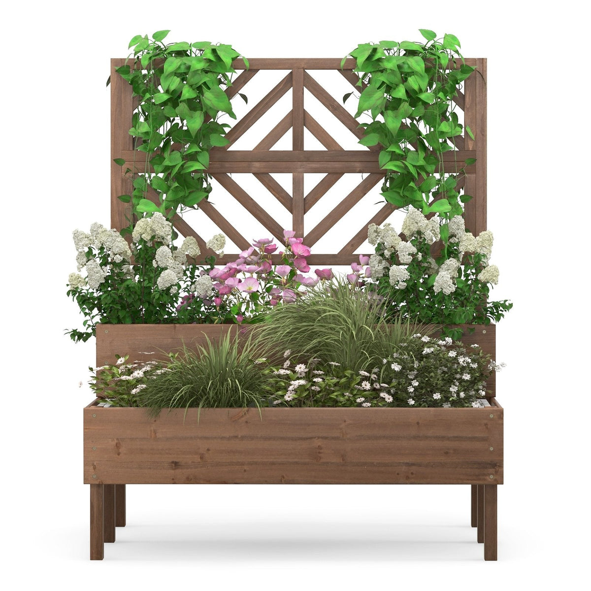 Jardinera elevada de 2 niveles con enrejado - Marrón