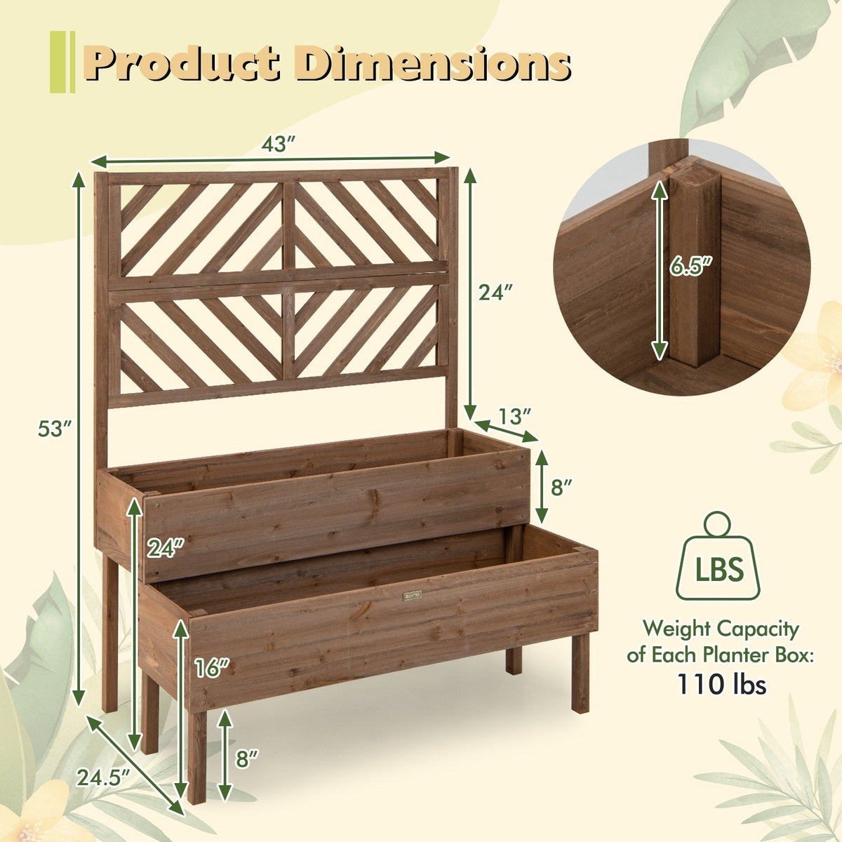 Jardinera elevada de 2 niveles con enrejado - Marrón